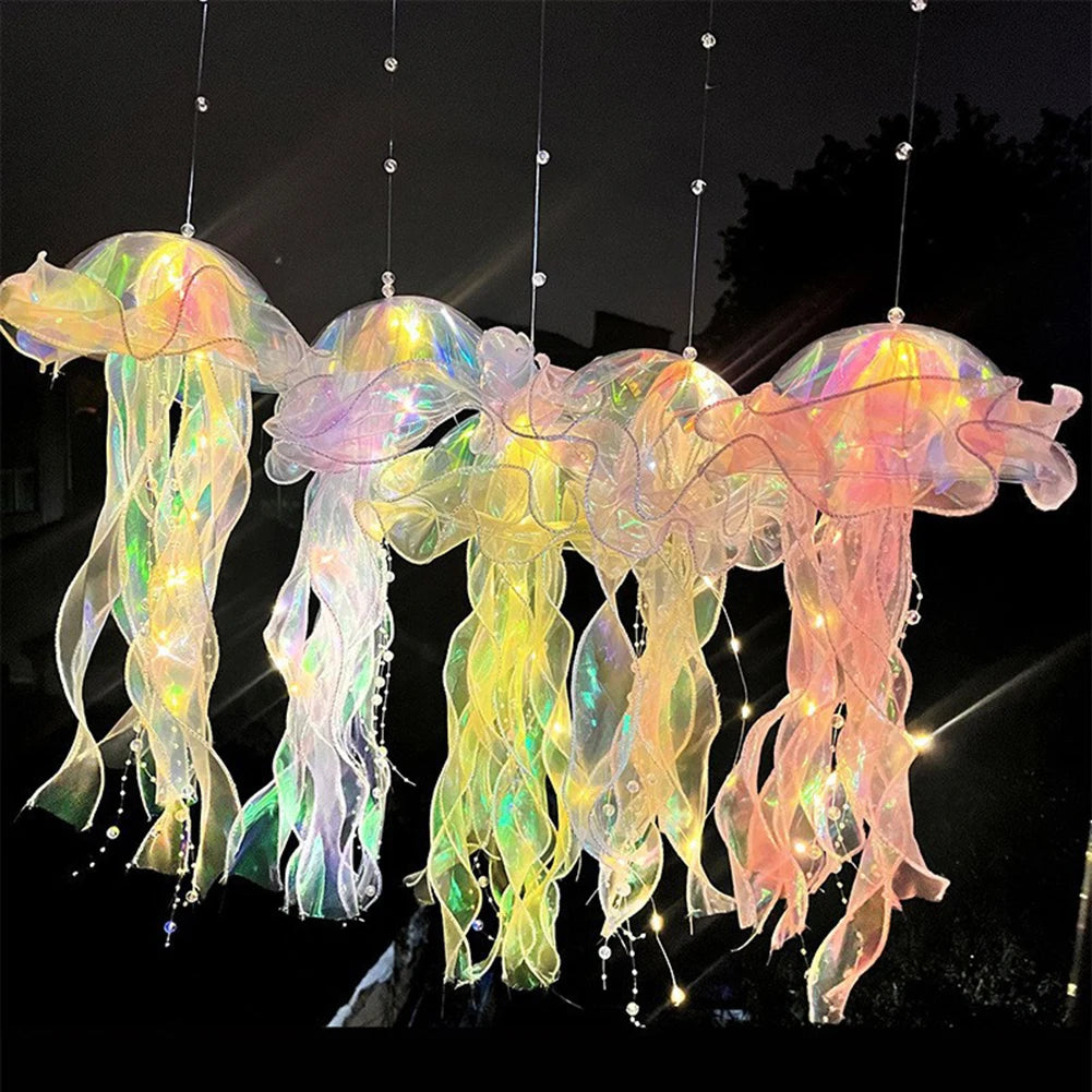 Jellyfish LED Bedroom Light – Hanging Ceiling Lantern with Ribbon & Beads for Kids/Babies Room Decor